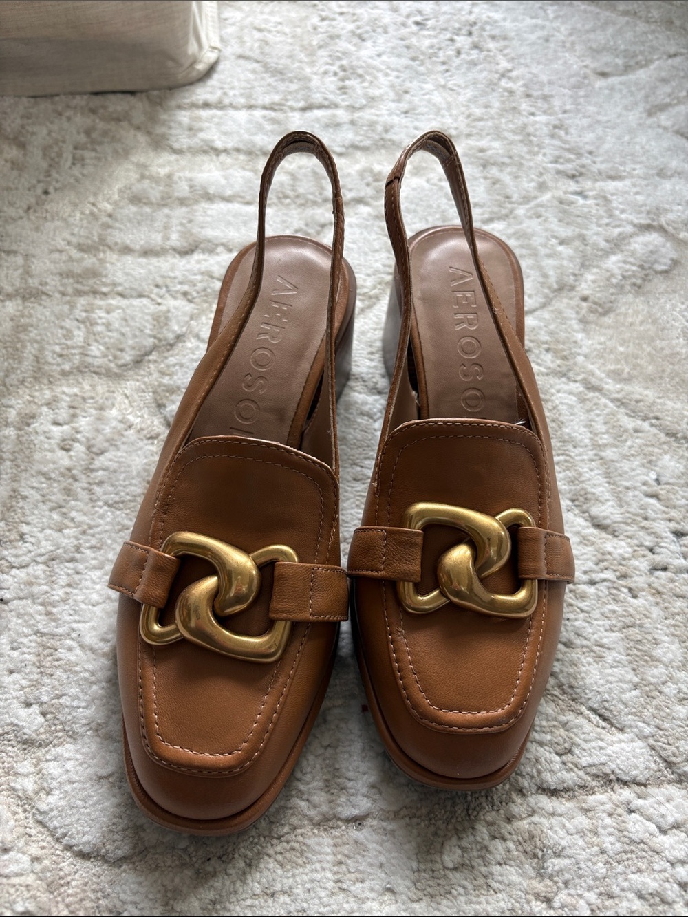AEROSOLES Brown Leather Slingback Mules with Gold Chain Detail